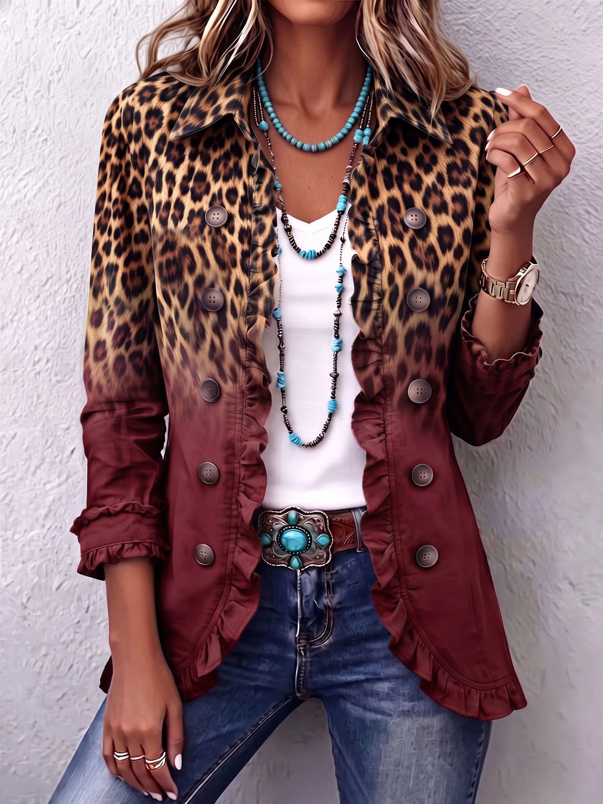 Boho Leopard & Teal Ruffle Blazer ? Elevate Your Fall Style 4