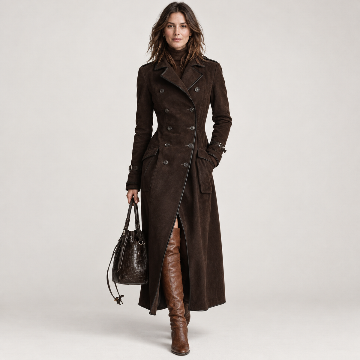 Women's Suede Trench Coat Caramel Long Double-Breasted