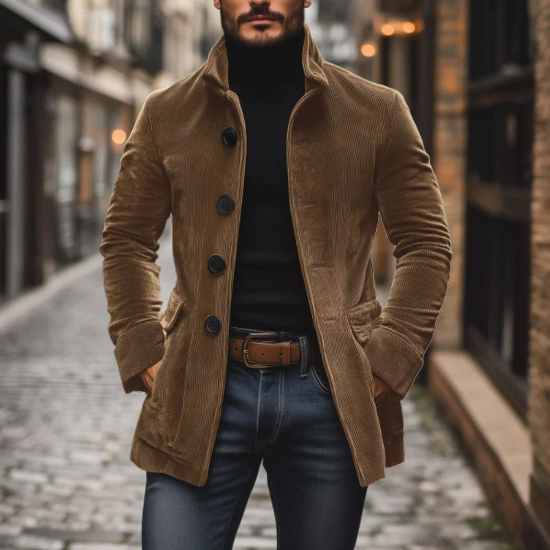 Men's Corduroy Fall Coat | Slim Fit Mandarin Collar Jacket 4