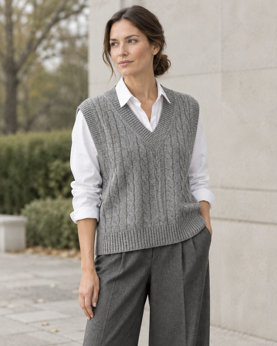Florence Wool Vest | Women's V-Neck Cable Knit Sweater Vest