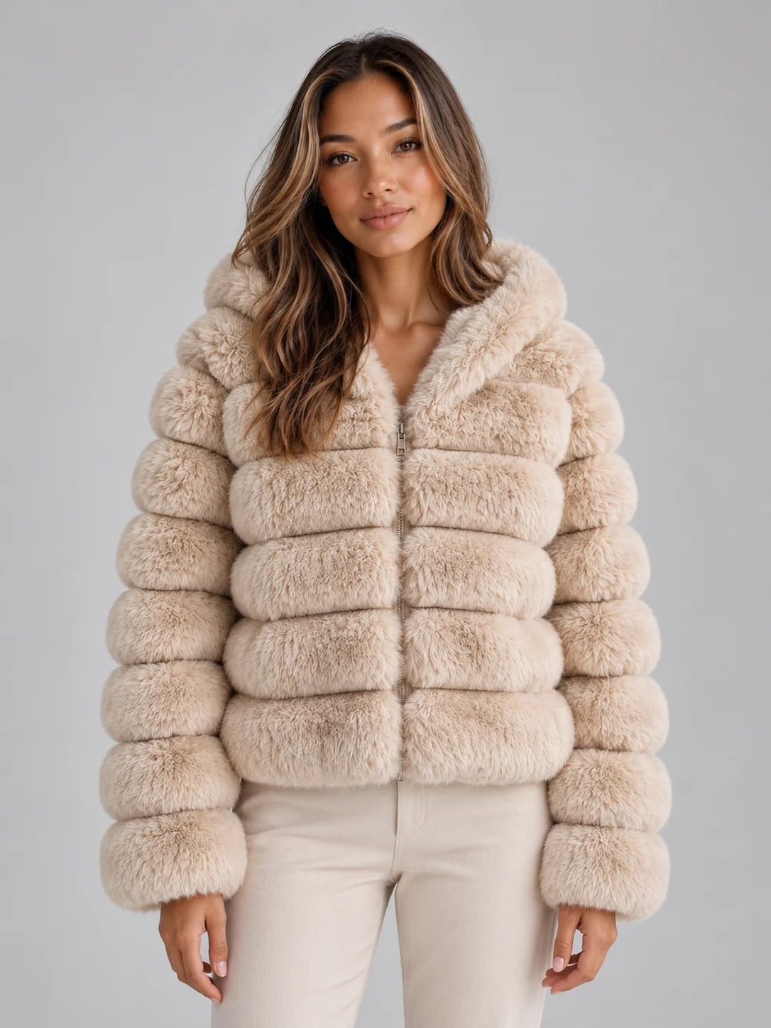 Women’s Cropped Faux Fur Hooded Jacket Winter Coat 0