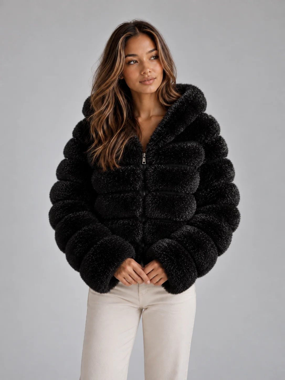 Women’s Cropped Faux Fur Hooded Jacket Winter Coat 5