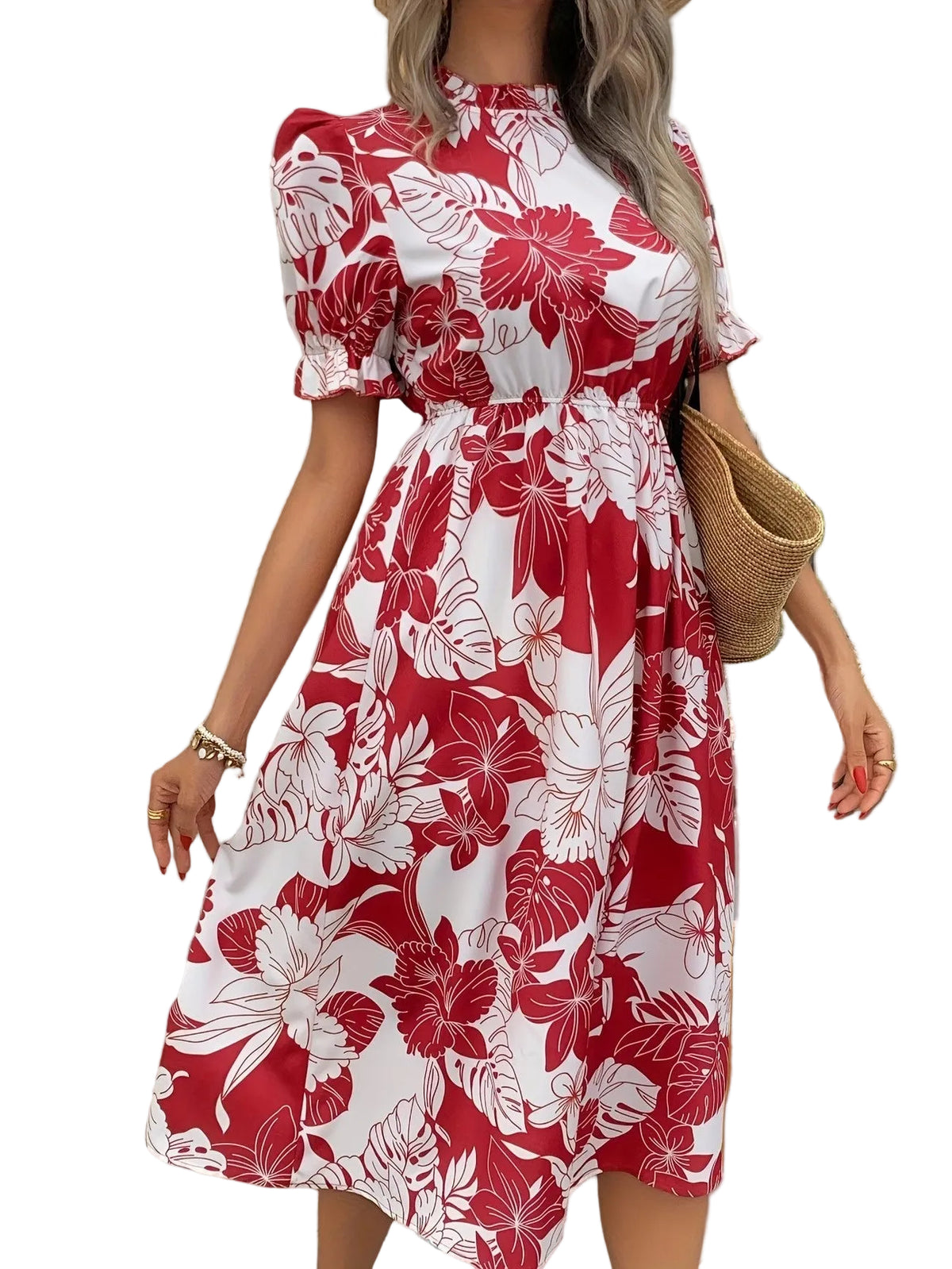 Women’s Floral Midi Dress with Puff Sleeves
