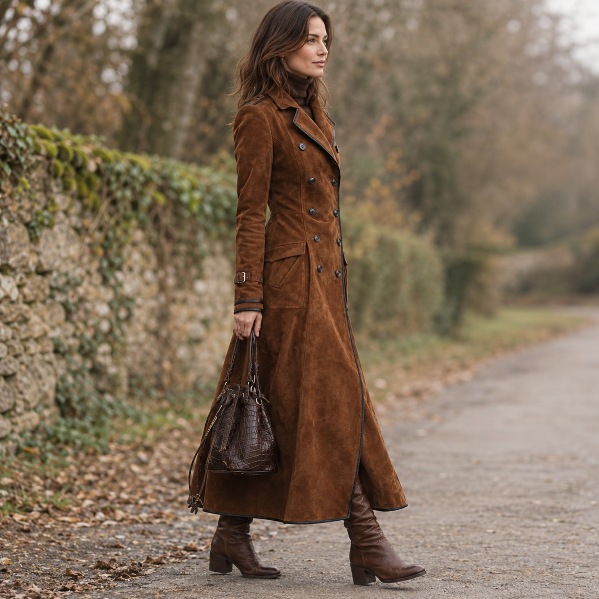 Women's Suede Trench Coat Caramel Long Double-Breasted