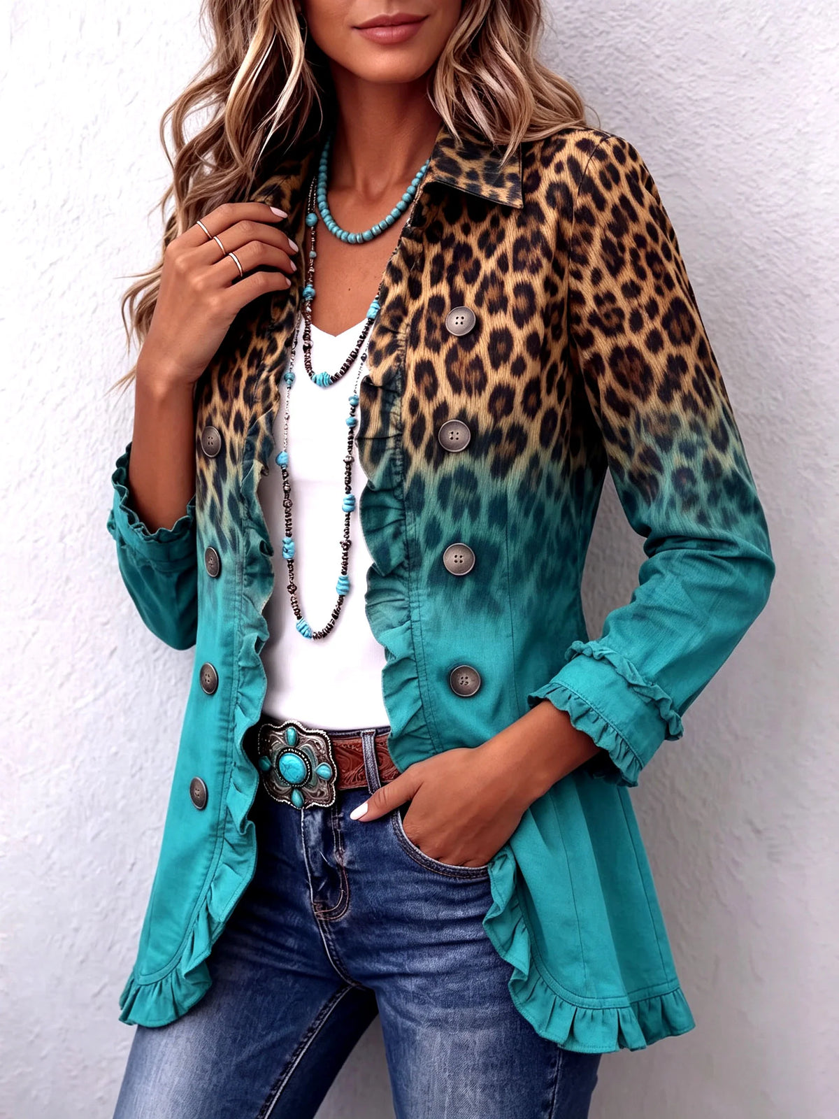 Boho Leopard & Teal Ruffle Blazer ? Elevate Your Fall Style 1