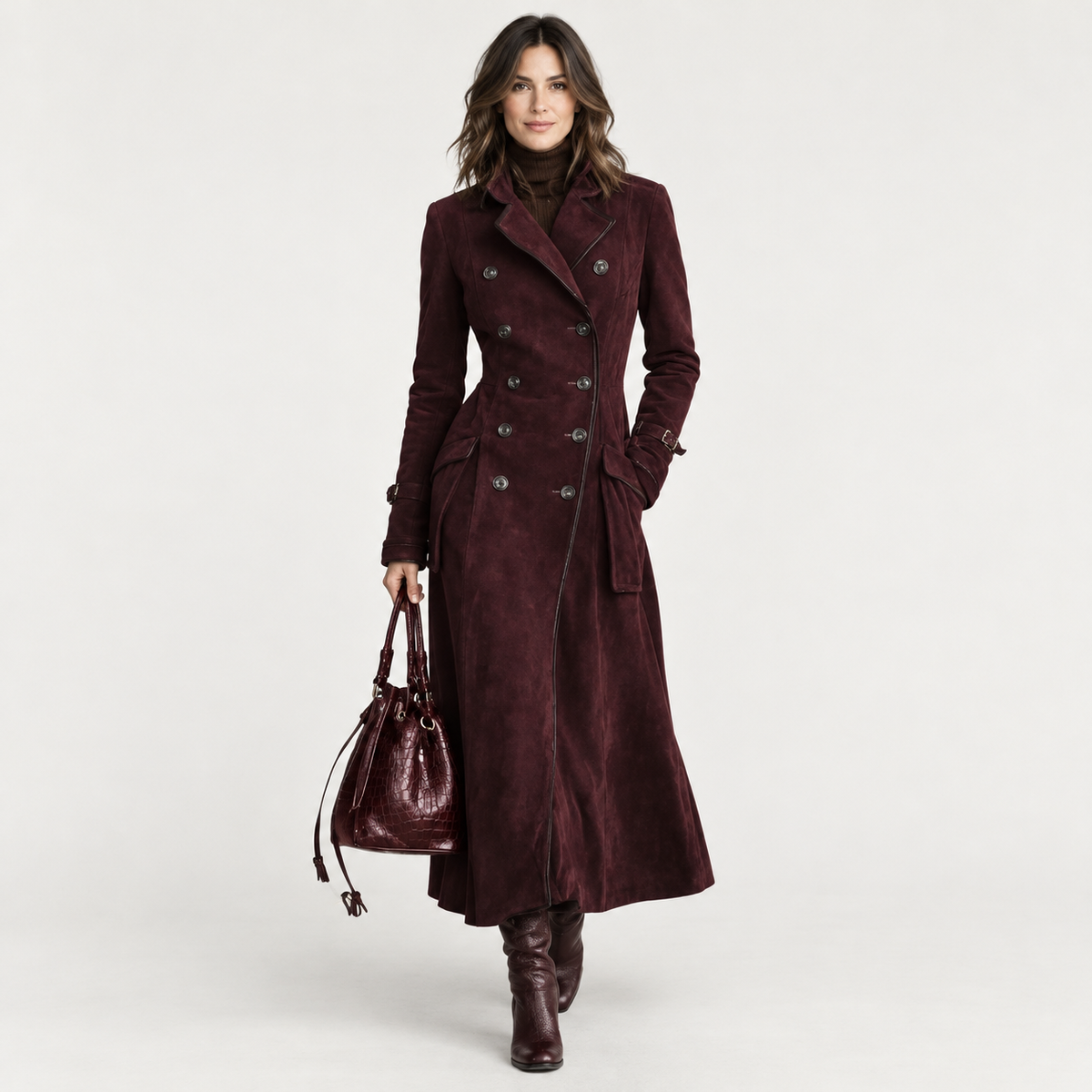 Women's Suede Trench Coat Caramel Long Double-Breasted