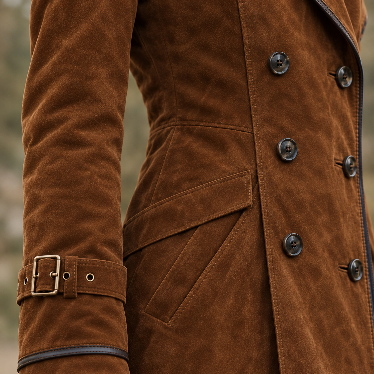 Women's Suede Trench Coat Caramel Long Double-Breasted
