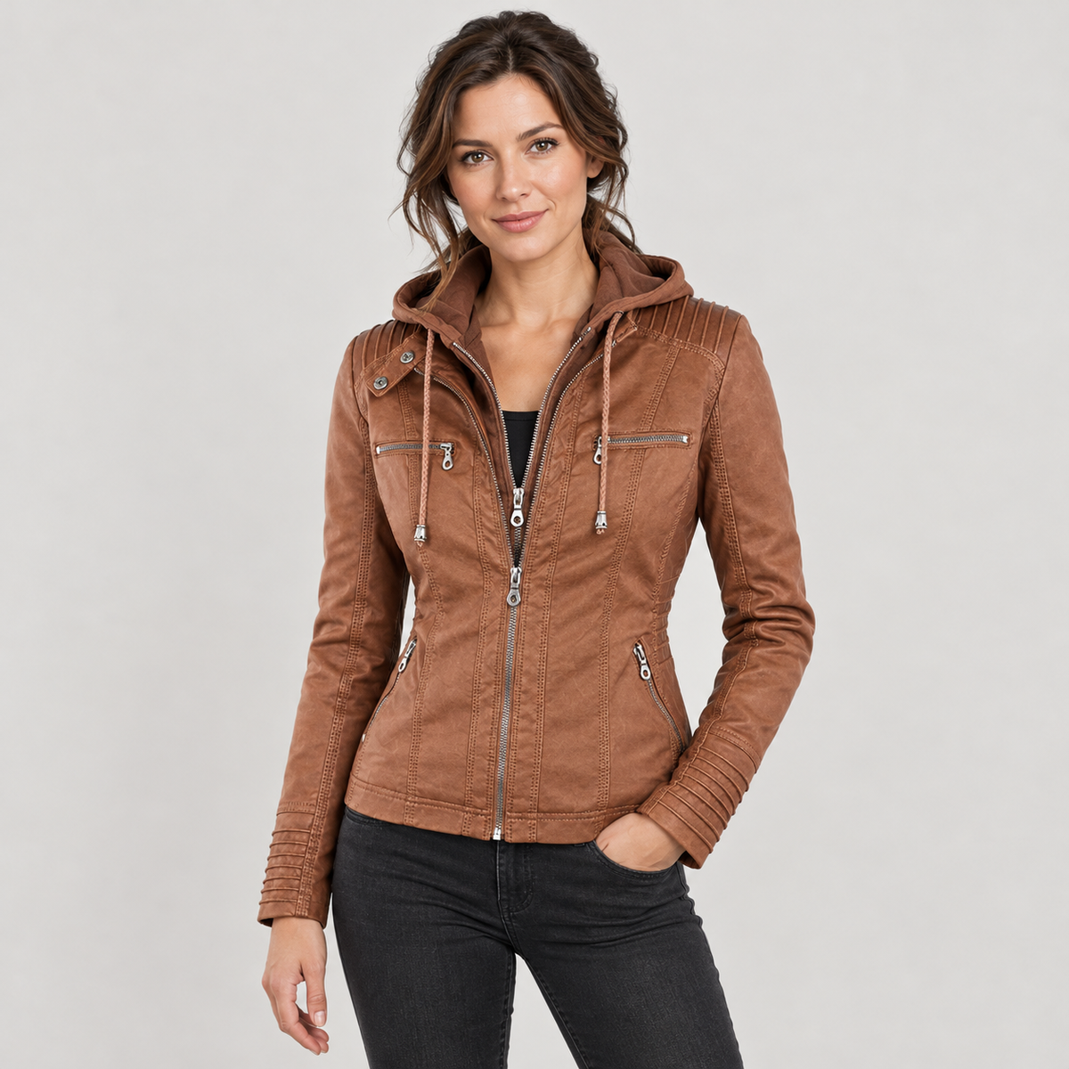 Women’s Hooded Faux Leather Biker Jacket