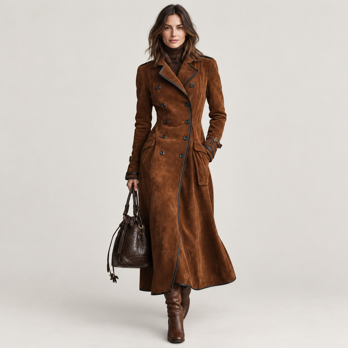 Women's Suede Trench Coat Caramel Long Double-Breasted