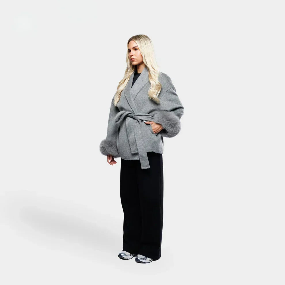 Livia | Women's Winter Coat with Faux Fur Sleeves and Belt 2