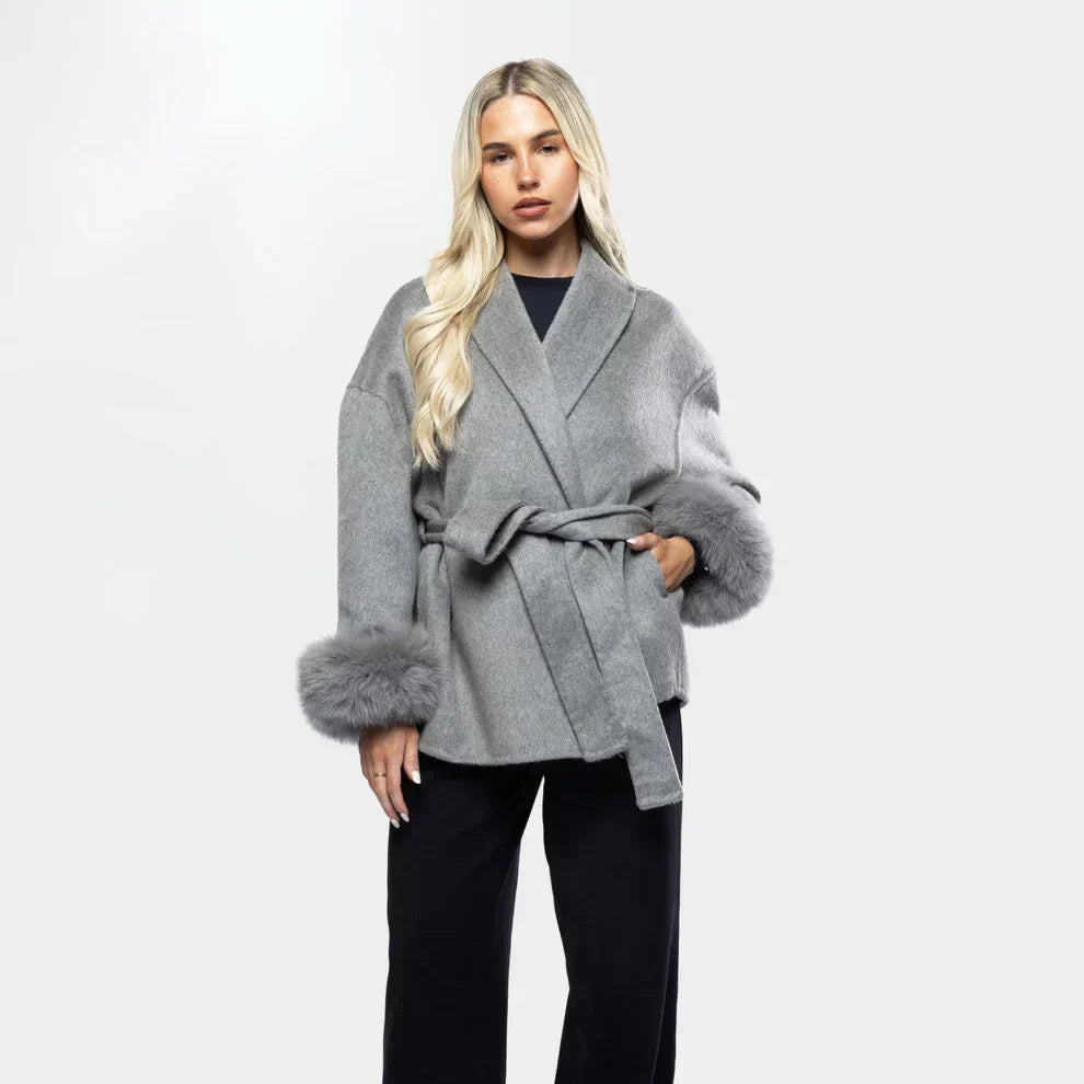 Livia | Women's Winter Coat with Faux Fur Sleeves and Belt 4