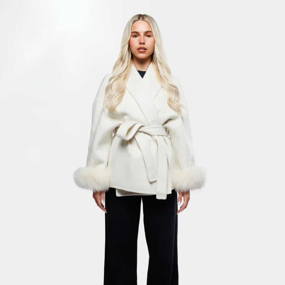 Livia | Women's Winter Coat with Faux Fur Sleeves and Belt 6