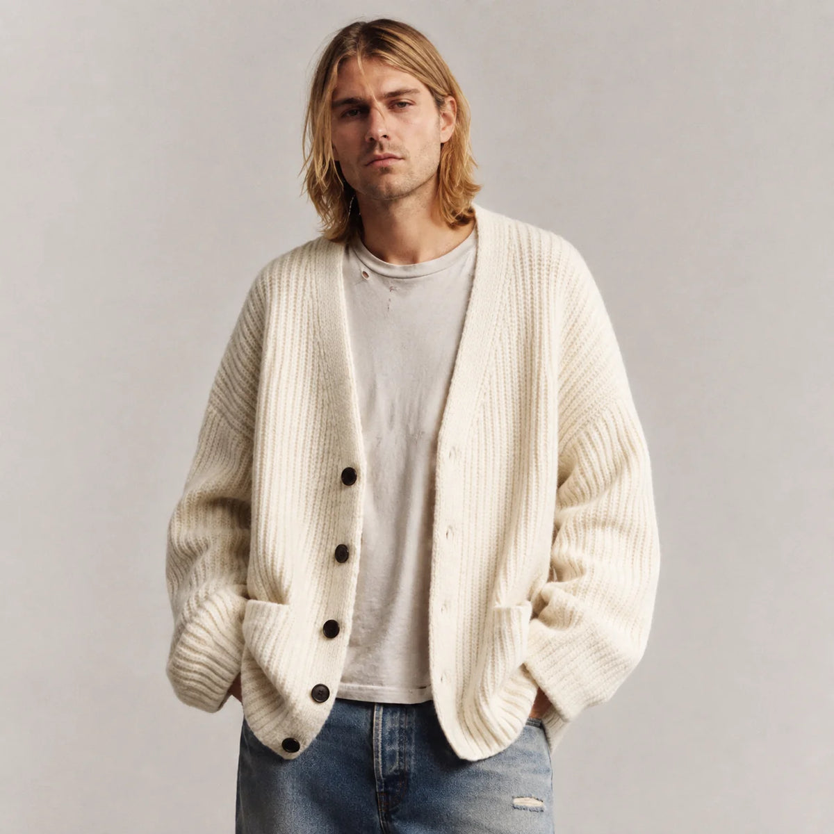 Men's Black Cardigan | Oversized V-Neck Knit Sweater 2