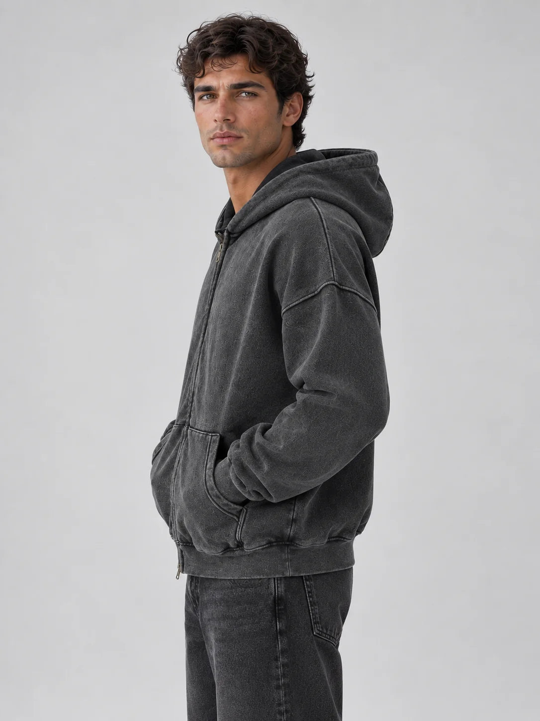 Men's Oversized Full Zip Hoodie Washed Cotton Blend 2