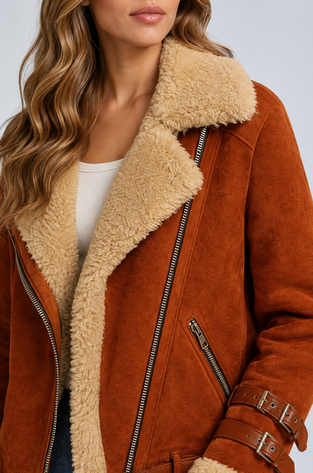 Women’s Fur-Trimmed Buckle Strap Winter Aviator Jacket