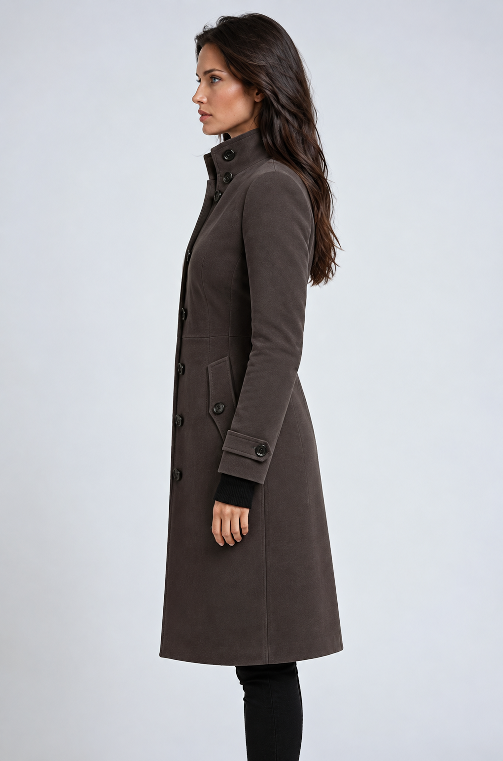 Women’s Longline High Collar Button-Up Trench Coat