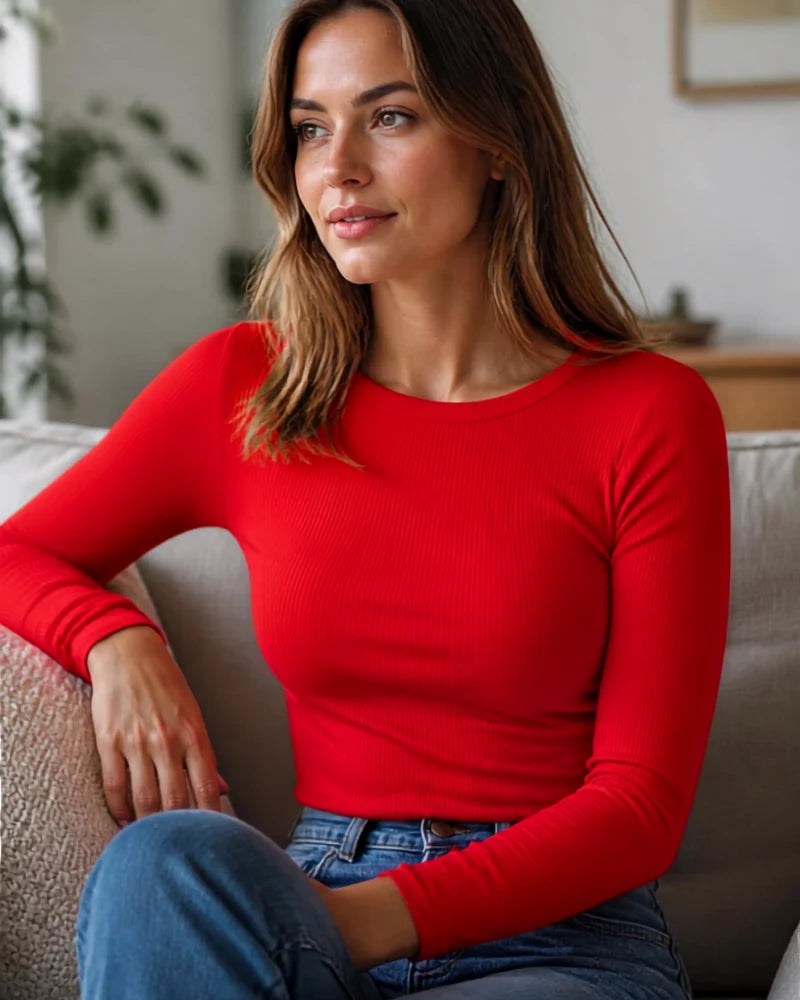 Tamsin Ribbed Top Women Fitted Round Neck Long Sleeve 14