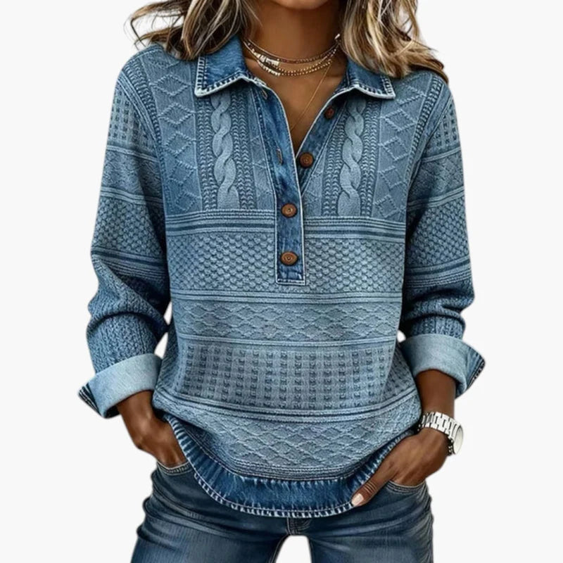 Textured Women's Sweatshirt with Half Button Closure | Casual Top 0
