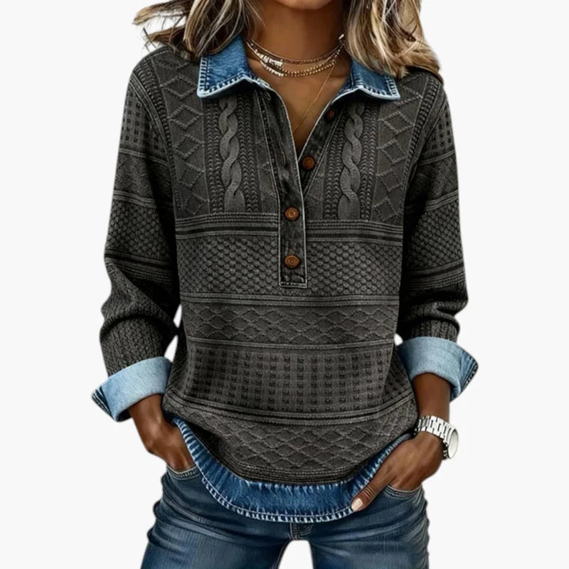 Textured Women's Sweatshirt with Half Button Closure | Casual Top 1