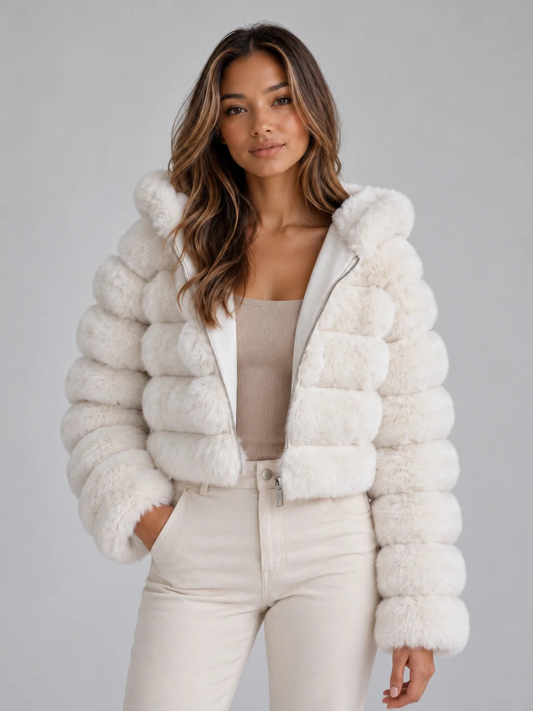 Women’s Cropped Faux Fur Hooded Jacket Winter Coat 4