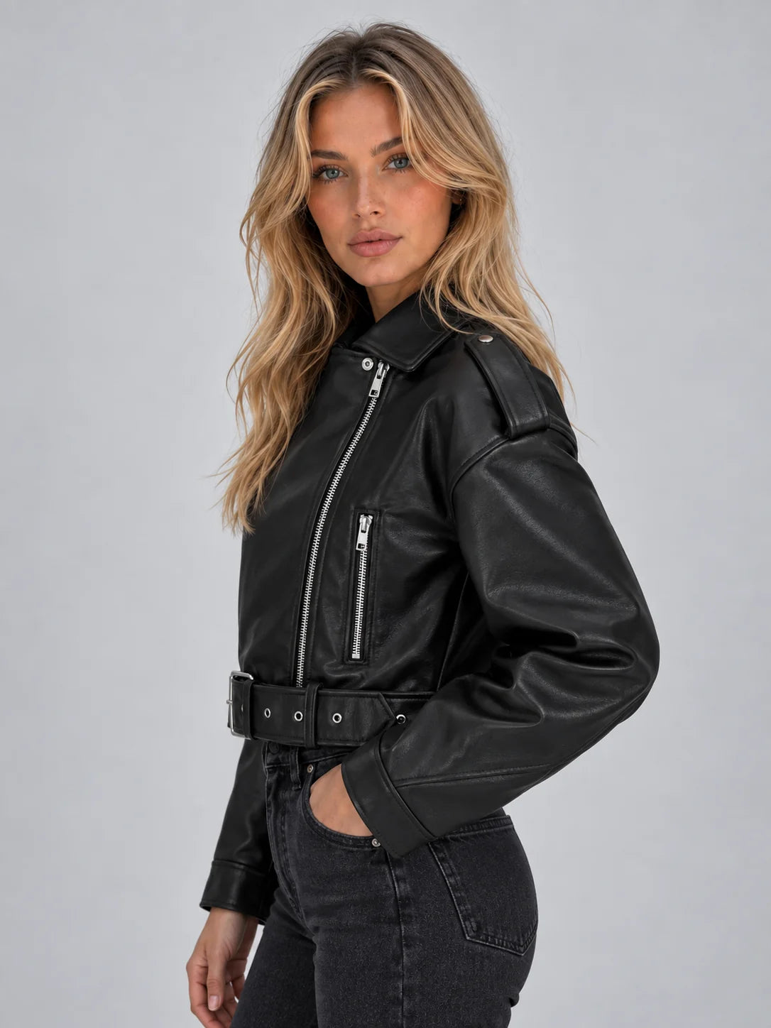 Women's Cropped Faux Leather Biker Jacket with Belt 2