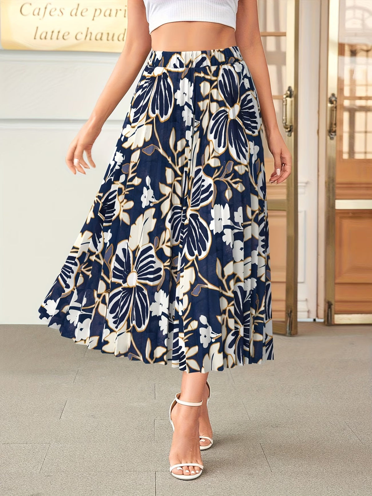Women’s Pleated Midi Skirt with Floral Print